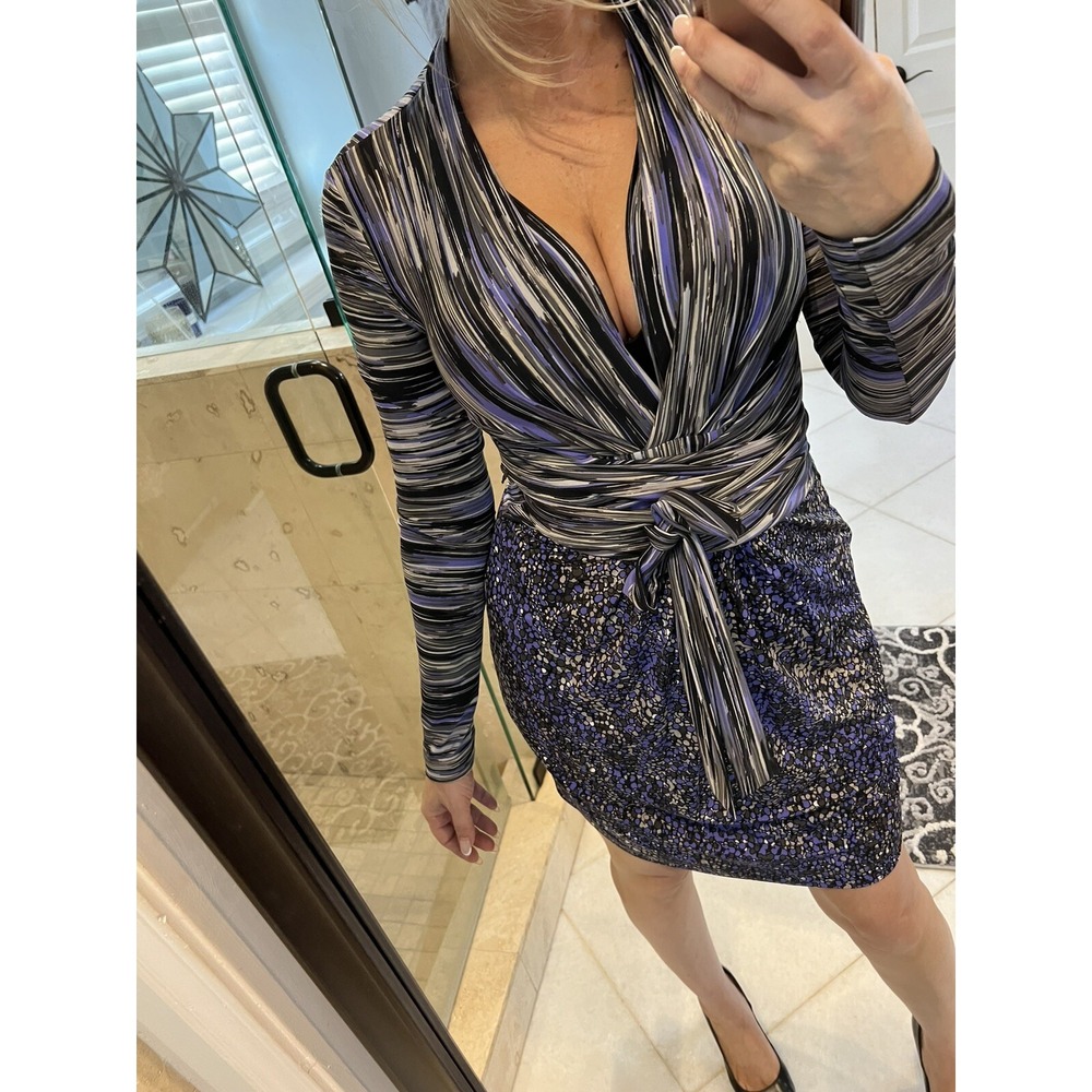 BCBG Max Azria Purple Combo Mock Wrap Jersey Cocktail Dress S Sexy Mixed Print